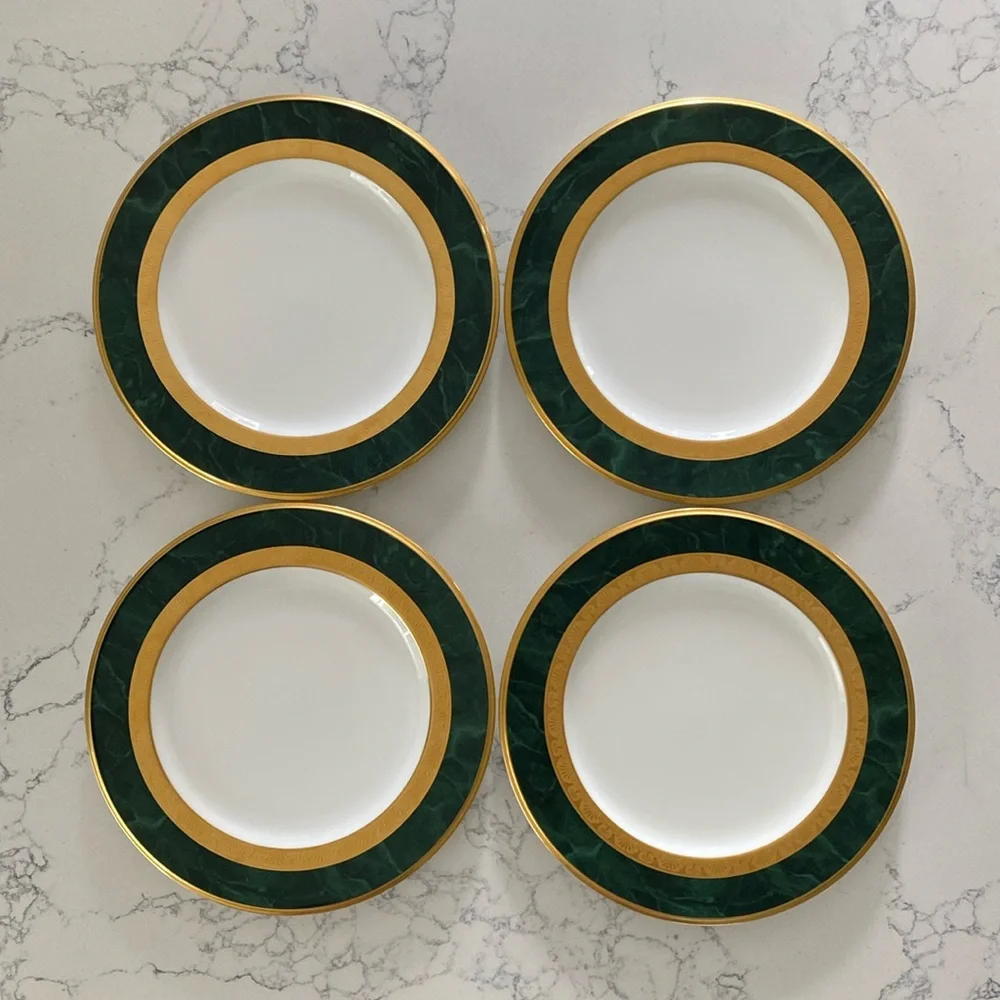 Noritake Fitzgerald | Set of 4 Bone China Salad Plates (Marbled Green/Gold)